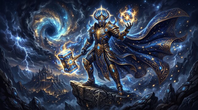 Powerful fantasy warrior with hammer and cosmic energy, standing on a cliff against a swirling galaxy and lightning storm.