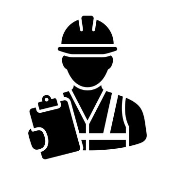 engineer inspector wearing hard hat holding clipboard glyph icon