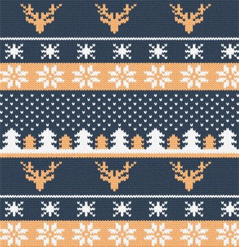 Seamless Christmas Sweater Pattern with Reindeer and Snowflake Motifs in Navy Blue and Orange Winter Colors