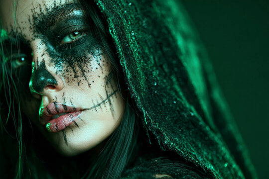 A woman with long dark hair wears a textured black hood and glittering eye makeup with dark speckles across her face under green cinematic light Theme of gothic beauty