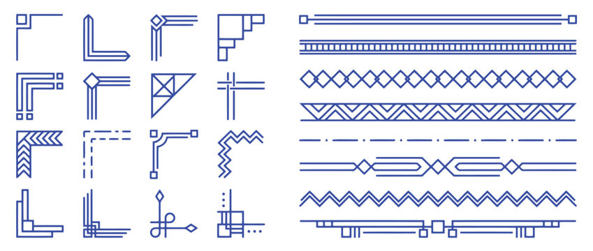 Set of geometric corner frames and linear dividers for modern page design