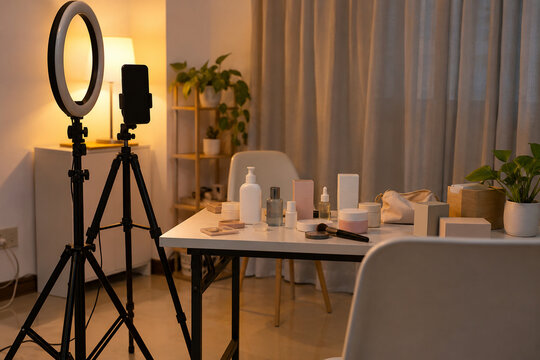 Live selling corner at home after stream, ring light off