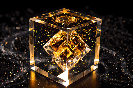 Extreme macro photography of a transparent crystal cube with a glowing golden geometric quantum core and particles inside