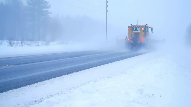 Yellow road grader clears snow while driving away along wintry road, throwing powder across white roadside with trees, utility poles and red rear lights in pale blue daylight
