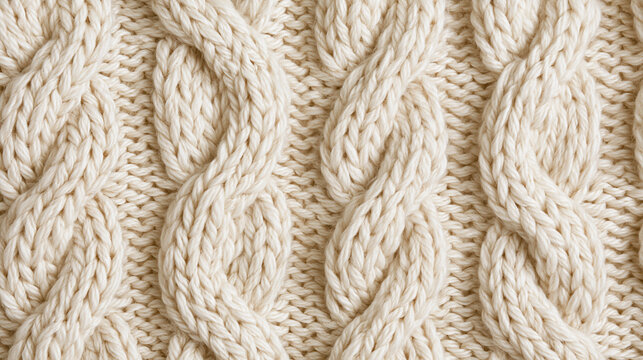 Cream knitted wool cable texture fills frame, showing soft braided loops, chunky yarn, and cozy textile pattern in close up detail