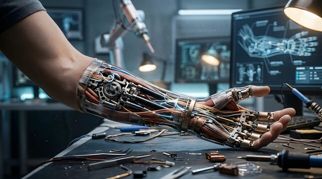 Close-up of a futuristic bionic hand featuring intricate mechanical gears, electronic wiring, and metal components on an engineering workbench in a high-tech laboratory.