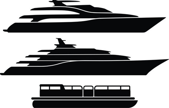 Luxury Yacht and Pontoon Boat Silhouette Icons Set Isolated on White Background for Marine Transport Design