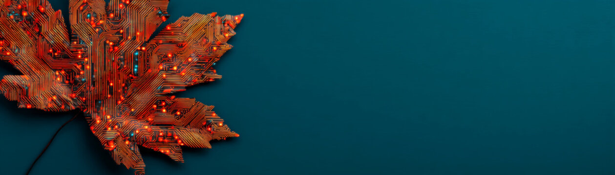 Thanksgiving technology concept featuring glowing circuit board maple leaf dark teal background, blending autumn tradition with digital innovation