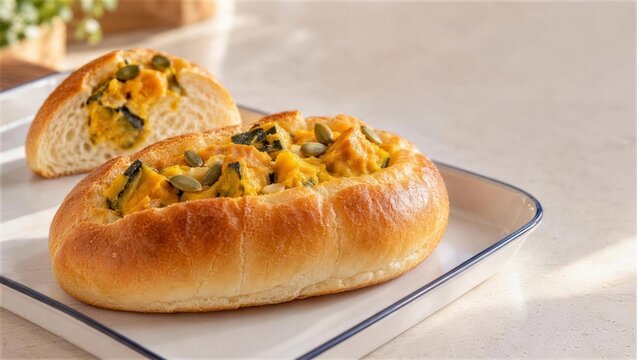 かぼちゃの種をのせたかぼちゃサラダパンと断面