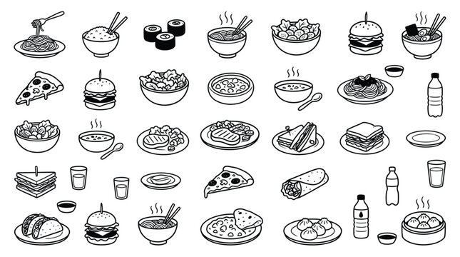 Restaurant food illustrations set in black outline. Hand drawn pasta, sushi, pizza, burgers, salads and soups for menu, cafe and culinary design projects