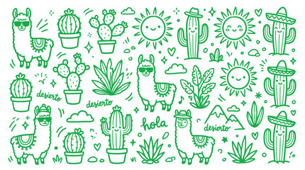 Desert llama and cactus doodle set in green outline. Hand drawn llamas with sunglasses, potted cacti and agave plants for summer, mexican and boho designs © Sadia