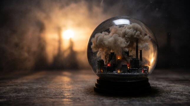 A glass snow globe containing a miniature modern city filled with thick gray smog instead of snow, with industrial factory smokestacks inside, representing air pollution and urban environmental crisis
