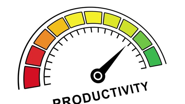 Dynamic productivity gauge meter animation showing increasing performance levels from low red to green zones for business growth, efficiency tracking, success metrics, and kpi analysis