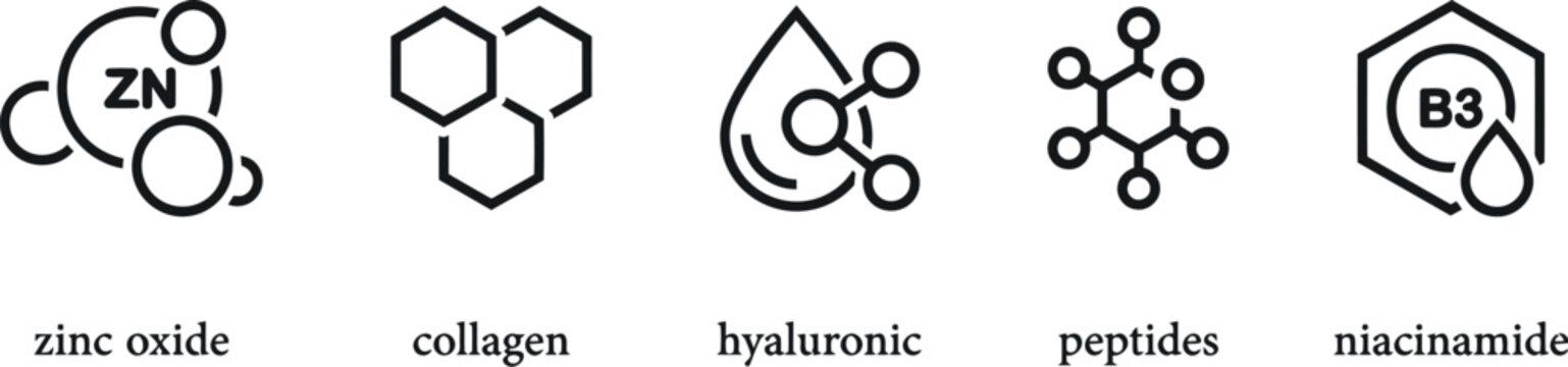 Skincare active ingredient line icons representing zinc oxide collagen hyaluronic acid and peptides.