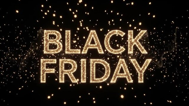 Golden sparkling Black Friday text bursting into magical glowing particles against black background