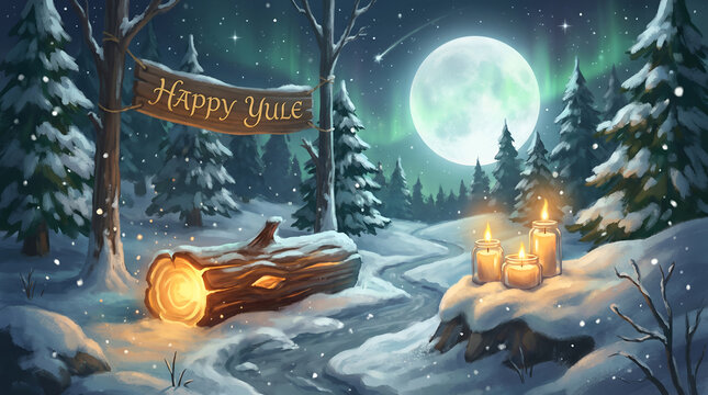 Celebrate Yule with glowing candles, snowy forests, and moonlit magic&mdash;honoring winter solstice traditions, warmth, and spiritual renewal under starry skies. generative