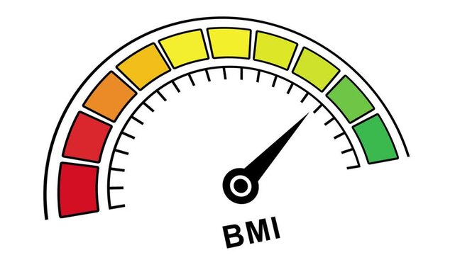 Animated bmi body mass index gauge meter showing fluctuating health status and weight categories from underweight to obese for medical fitness tracking and nutrition wellness analysis presentations