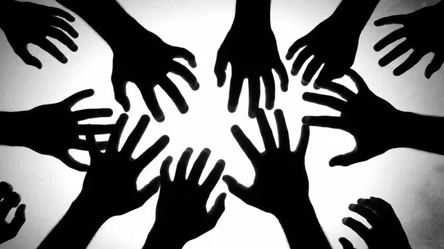 Many hands reaching out from darkness towards the light.