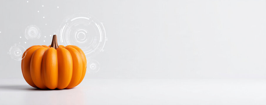 Orange pumpkin technology display for Thanksgiving with clean white background, creating festive autumn scene with ample copy space for seasonal