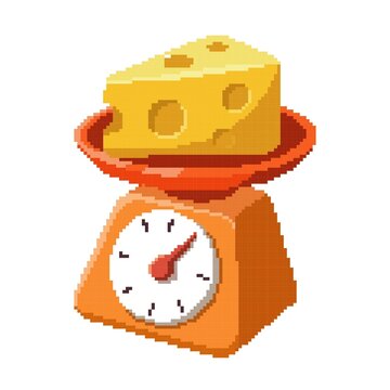 A whimsical pixel art illustration of a yellow cheese wedge placed on an orange alarm clock. A quirky collectible concept for retro video games, puzzle adventures, humorous game assets, and 8-bit illu