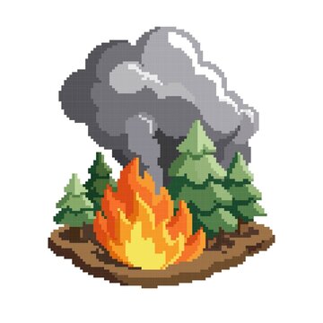 A pixel art forest fire featuring burning evergreen trees, orange flames, and thick gray smoke. Suitable for retro survival games, environmental disaster illustrations, adventure game scenes, and haza