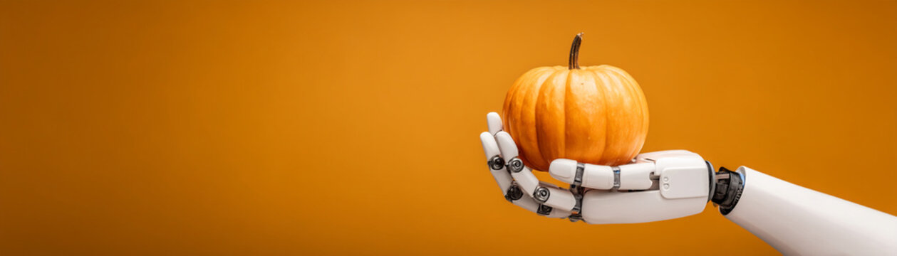 Robotic hand holding pumpkin with thanksgiving technology theme on orange background