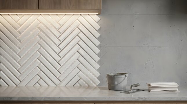 Modern kitchen renovation project featuring white herringbone subway tiles partially installed on a gray concrete wall with tiling tools on marble countertop under warm ambient led under cabinet