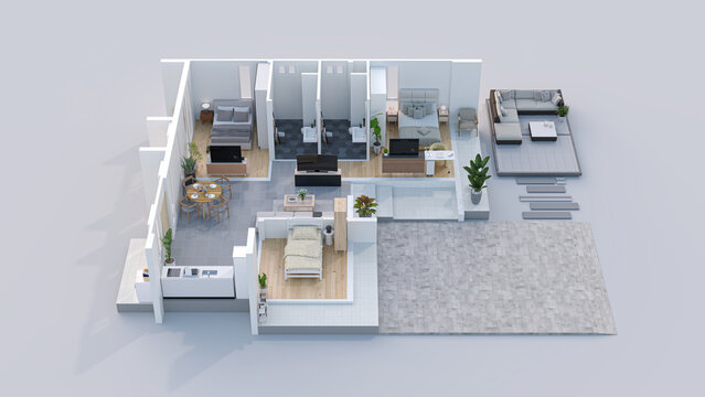 3D rendering perspective view of a residential house floor plan cutaway with furnished bedrooms, kitchen, and patio area.