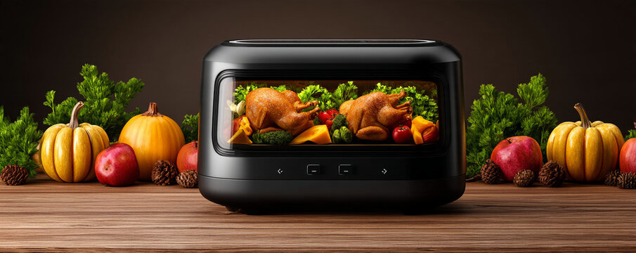 Thanksgiving technology oven cooks festive roast turkey with pumpkin and apple on wooden table, creating warm holiday meal