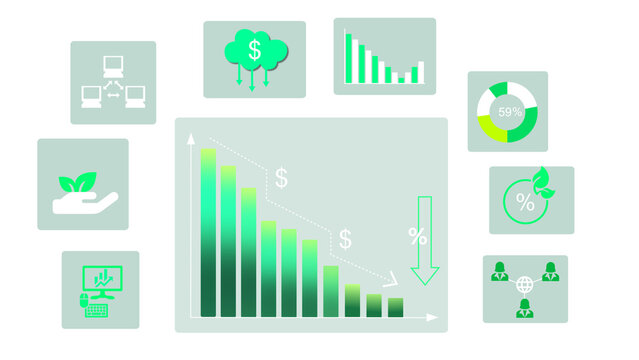 Green business infographic illustration with falling bar chart, finance icons, percentage symbols, money cloud, pie chart and financial analysis symbols on transparent background.