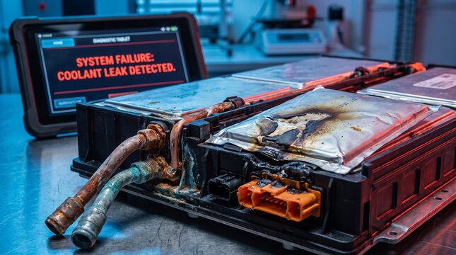 Electric vehicle battery system failure with coolant leak detected on diagnostic tablet