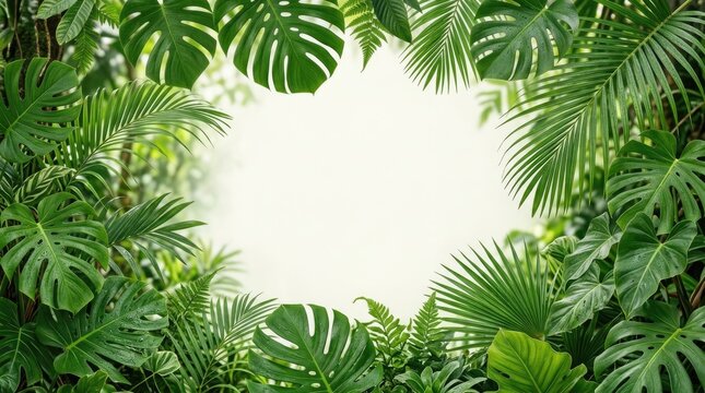 Lush green tropical leaves frame a bright white space. The leaves, primarily monstera and palm varieties, create a natural border.