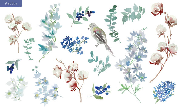 Watercolor Winter Botanical Vector Clipart Set with Abstract Hand-Painted Cotton Flowers, Delphiniums, Berries, Leaves and Bird for Wedding Invitations, Holiday Cards and Surface Design