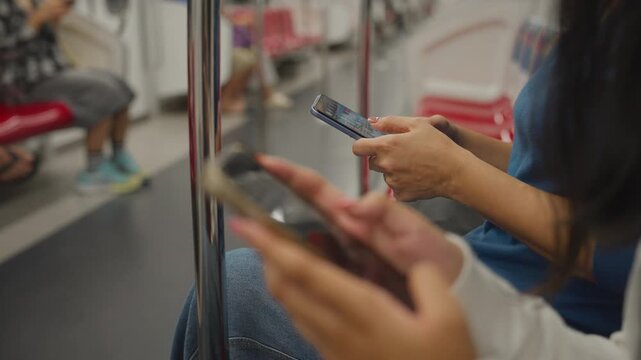 Close up hand of young woman using mobile phone at skytrain.