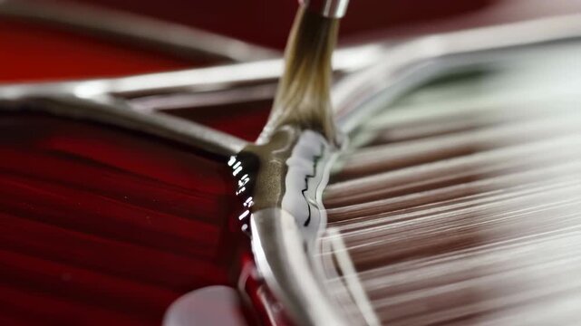 Paintbrush spreads glossy liquid along curved border of red and clear ribbed glass panel, with flexible bristles, reflective highlights and textured surface filling close-up view