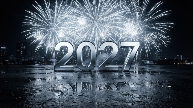 Happy New Year Shiny metallic 2027 numbers reflecting on wet ground with explosive fireworks in night sky during new year celebration event 2027