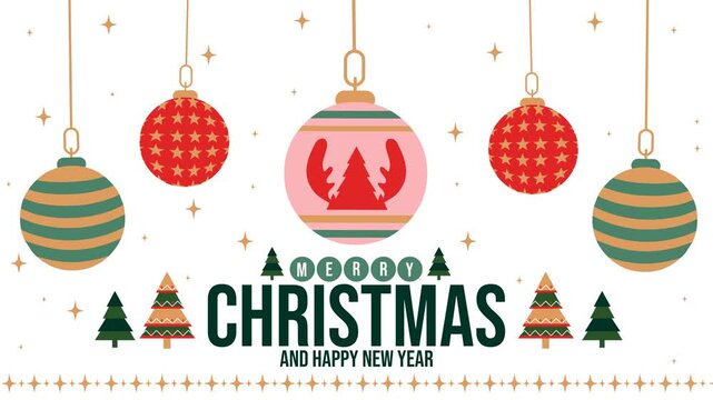 4K retro folk Christmas loop: hanging striped, star, and antler-patterned baubles above geometric pine trees and Merry Christmas text on starry white backdrop. Ideal for holiday intros and ads.