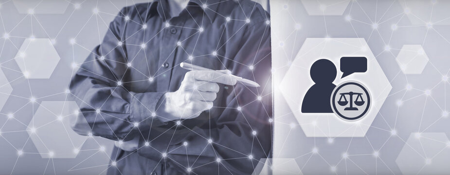 Legal advice concept with a business professional pointing at an icon representing legal consultation, consultation, attorney, law, justice and legal rights.