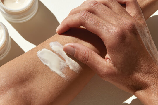 A hand applies moisturizer onto the skin of the arm, emphasizing a skincare routine that highlights the importance of hydration and self-care in daily life.