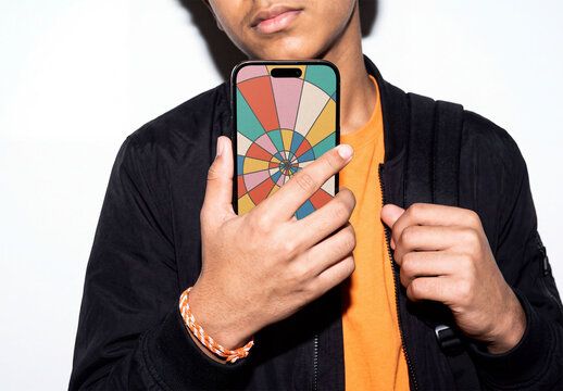 Mockup Template of Smartphone Screen Held Against Chest
