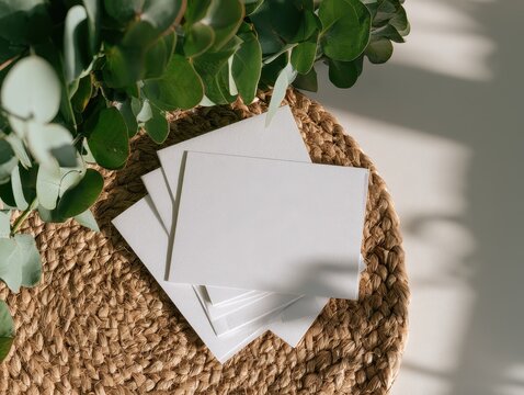 Eucalyptus branches and blank cards on a woven mat