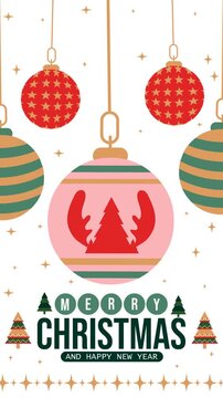 Vertical retro folk Christmas loop: dangling striped, star and antler-tree baubles above geometric pines and Merry Christmas text on a starry white backdrop. Ideal for mobile stories and reels.