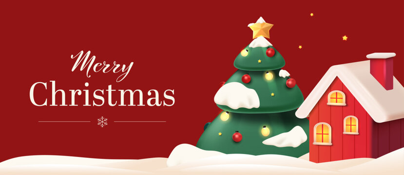 Merry Christmas Banner with Decorated Evergreen Tree, Red Gingerbread House and Snowy Landscape on Crimson Background, Editable Vector Illustration
