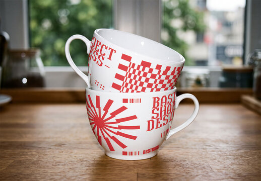 Mockup Template of Stacked Ceramic Teacups on Wooden Counter