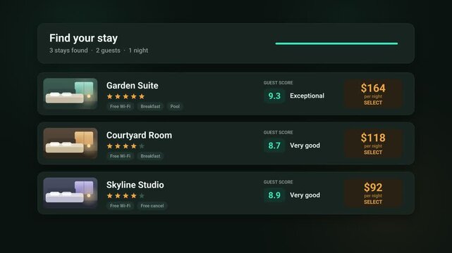 Hotel Room Booking Interface Animation with Interactive Search Results for Travel App User Experience and Digital Hospitality Platform Navigation