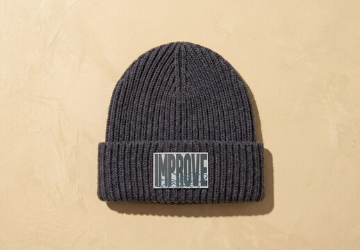Mockup Template of Leather Patch on Charcoal Gray Beanie
