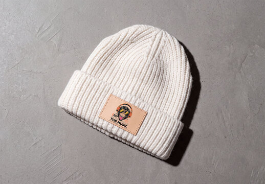 Mockup Template of Leather Patch on Cream Knit Beanie