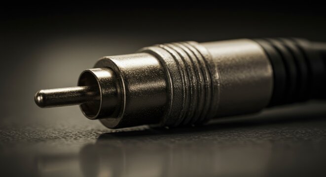 Macro view of a professional metal RCA male plug for audio and video equipment on a dark background