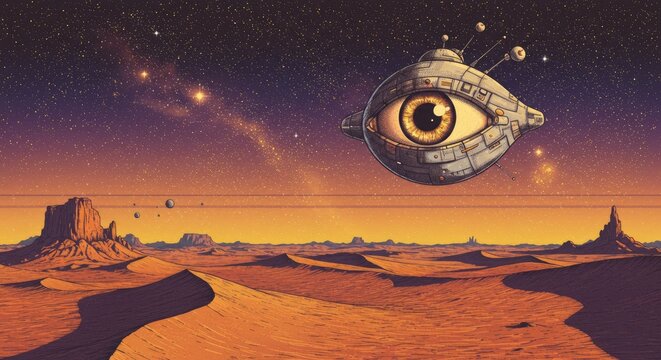 Retro dotwork landscape of a giant mechanical eyeball spaceship floating over a desert at night