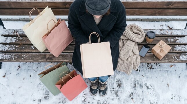 Person sitting on a bench with shopping bags in a snowy park for Boxing Day
